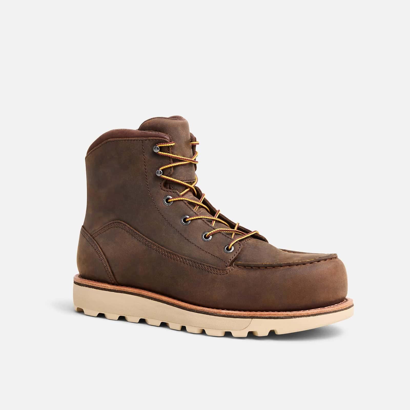 Front three-quarter view of the Anzhou 301 brown leather waterproof safety boot with round moc toe and lace-up closure