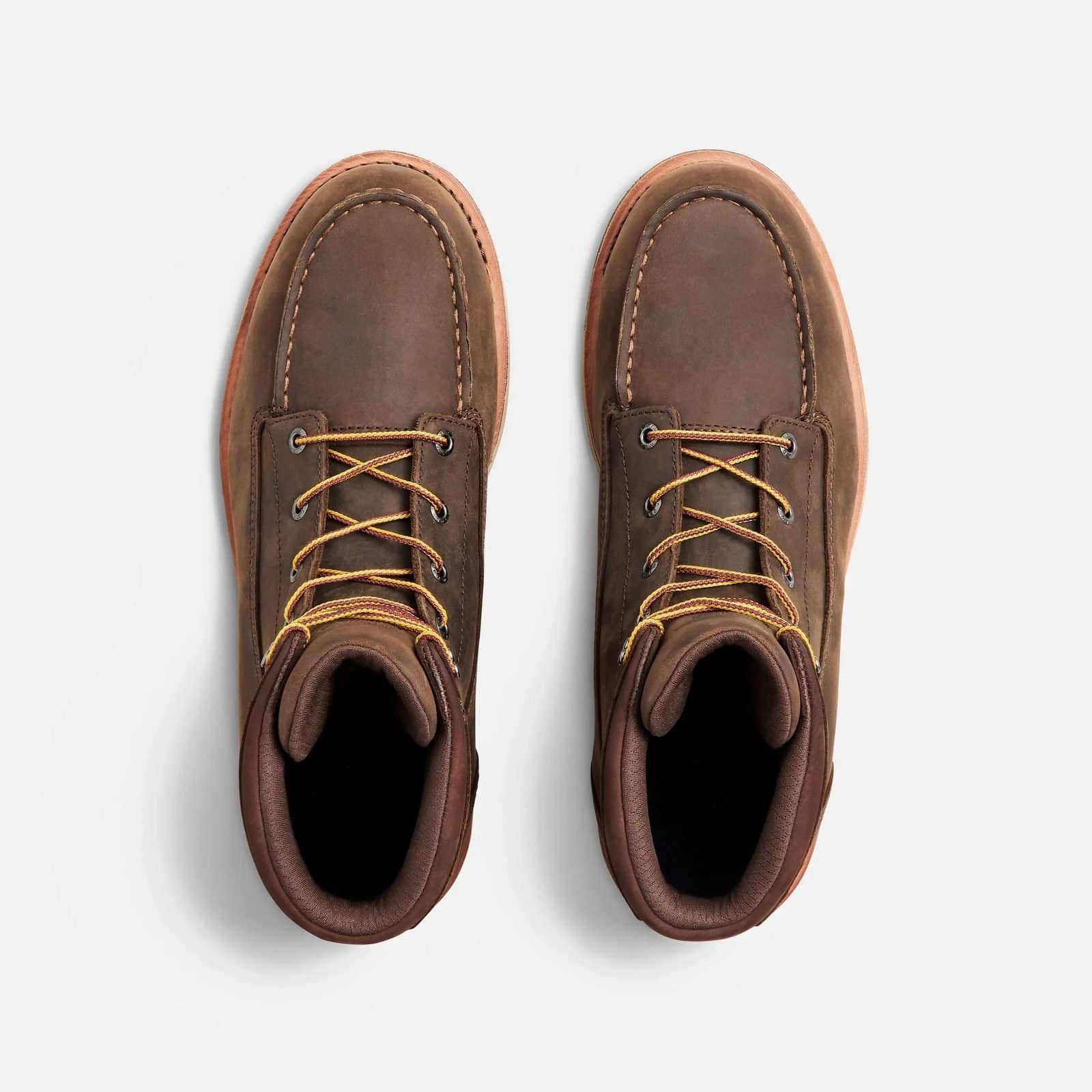 Top-down view of a pair of Anzhou 301 brown leather waterproof safety boots with moc toe stitching and two-tone laces