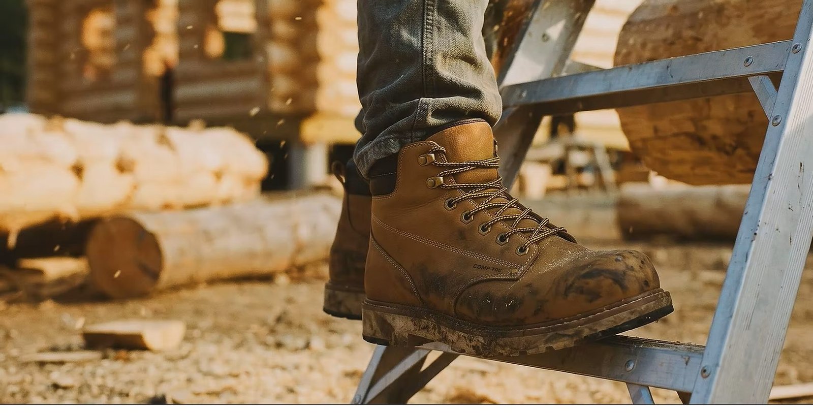 Worker wearing tan composite-toe safety boots standing on a ladder at a timber worksite